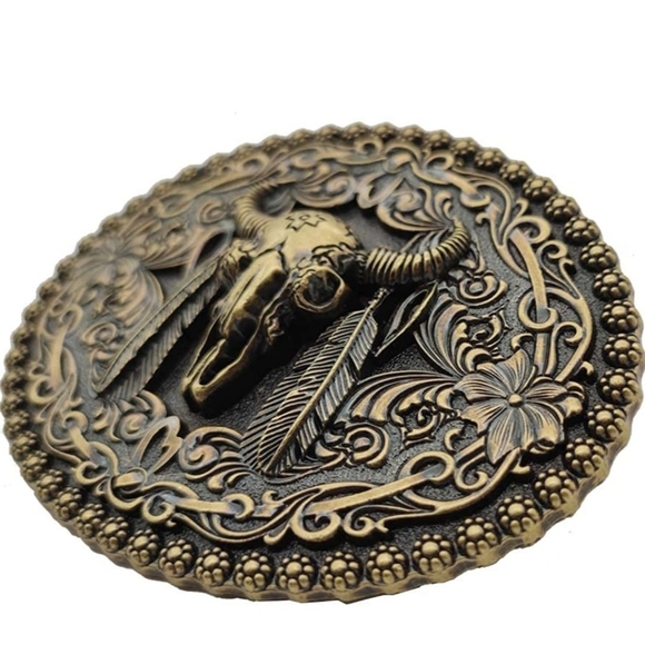 Native American feather longhorn steer belt buckle - Picture 2 of 3